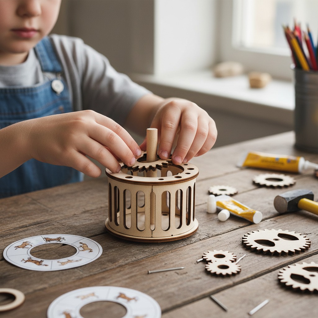 A child wearing denim overalls sits at a wooden table assembling a wooden mechanical toy with gears.